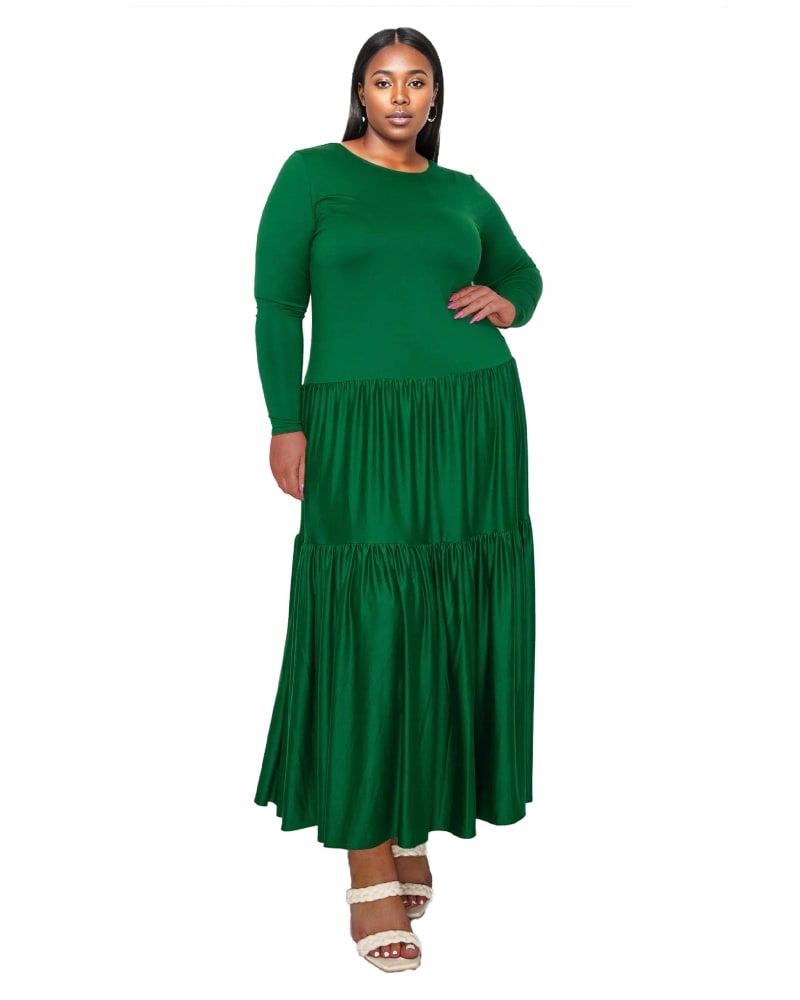 Front of a model wearing a size 3X Alice Tiered Maxi Dress in Green by L I V D. | dia_product_style_image_id:340562